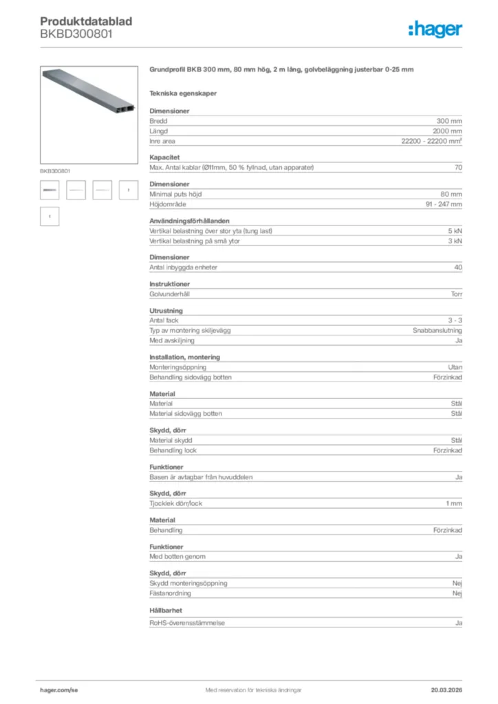 Bild Hager Produktdatablad BKBD300801 | Hager Sverige