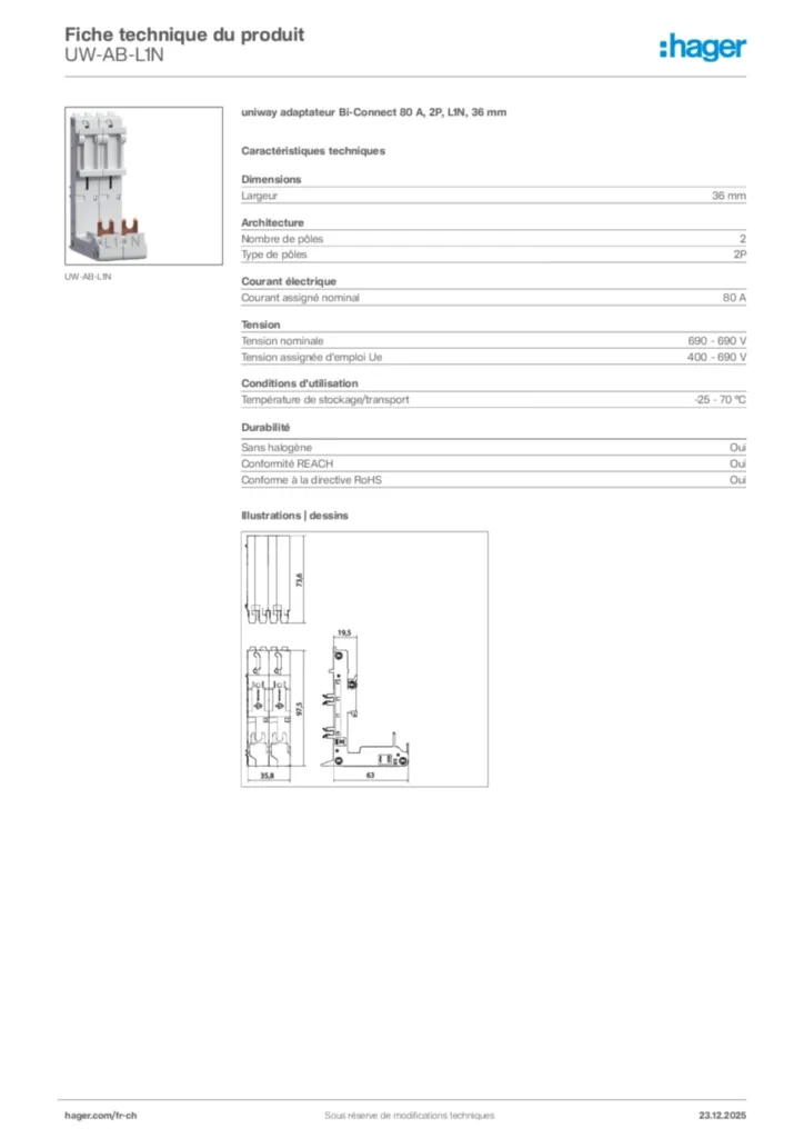 Image Hager Fiche technique du produit UW-AB-L1N | Hager Suisse