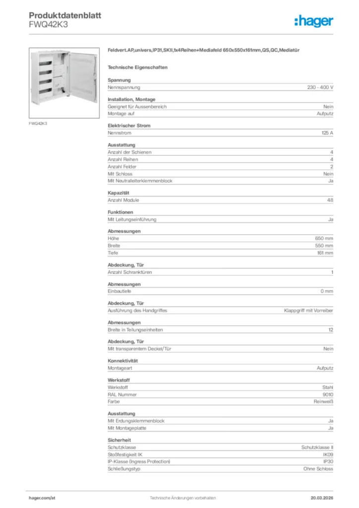 Bild Hager Produktdatenblatt FWQ42K3 | Hager Deutschland