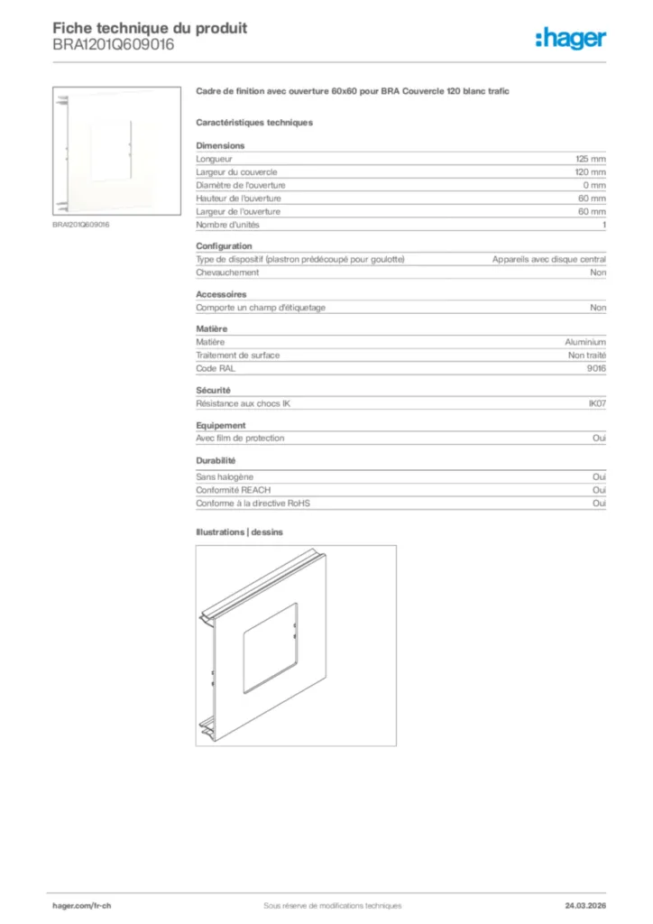 Image Hager Fiche technique du produit BRA1201Q609016 | Hager Suisse