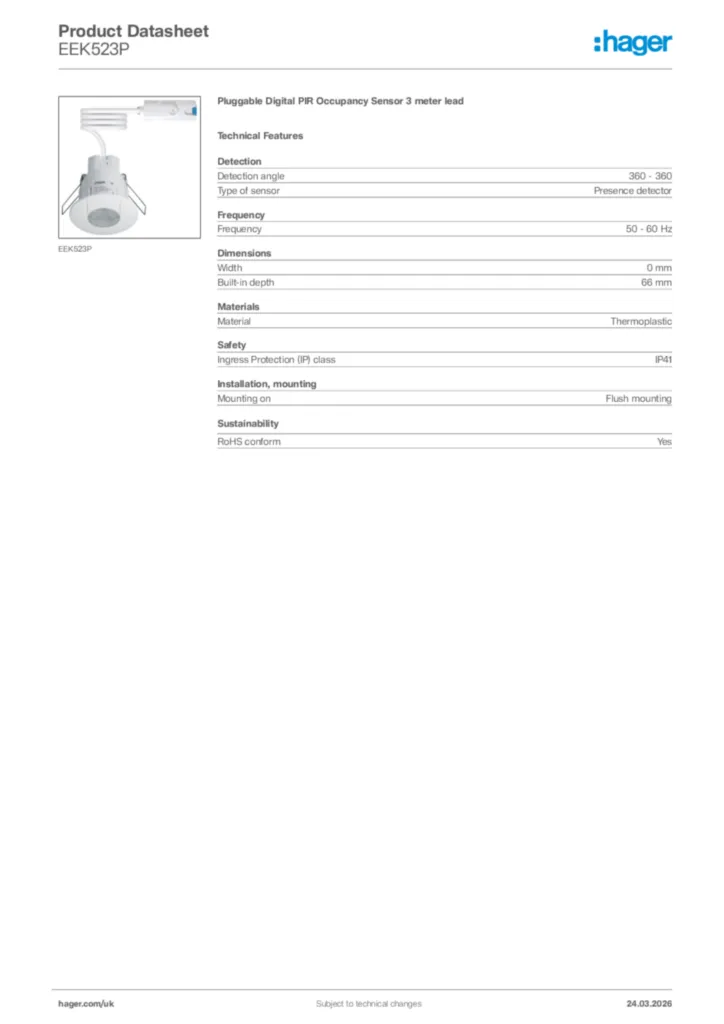 Image Hager Product data sheet EEK523P  | Hager