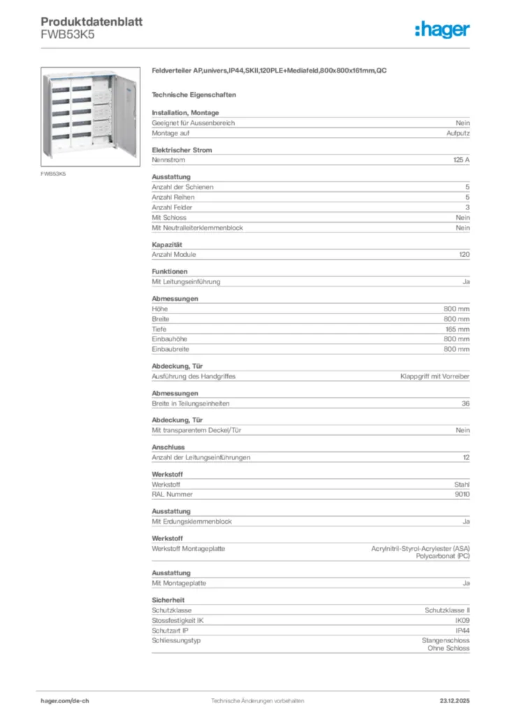 Bild Hager Produktdatenblatt FWB53K5 | Hager Schweiz