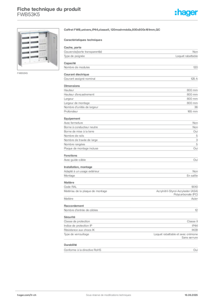 Image Hager Fiche technique du produit FWB53K5 | Hager Suisse