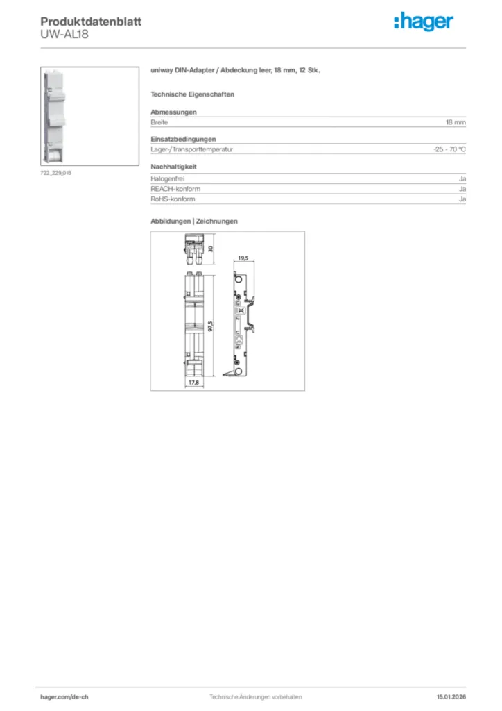 Bild Hager Produktdatenblatt UW-AL18 | Hager Schweiz