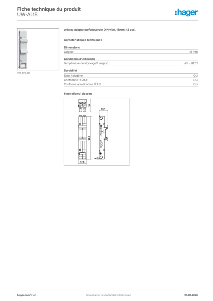 Image Hager Fiche technique du produit UW-AL18 | Hager Suisse