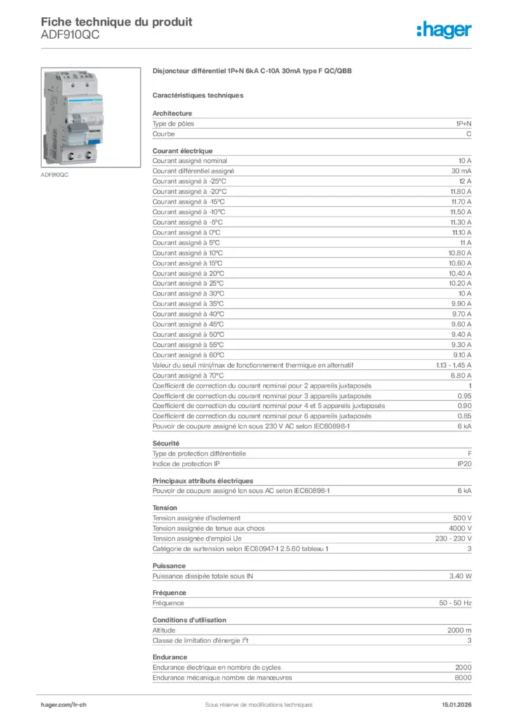 Image Hager Fiche technique du produit ADF910QC | Hager Suisse