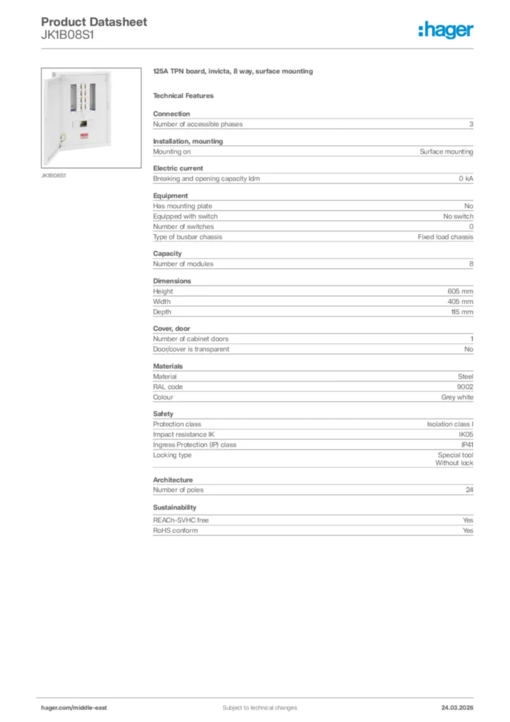Image Hager Product data sheet JK1B08S1  | Hager