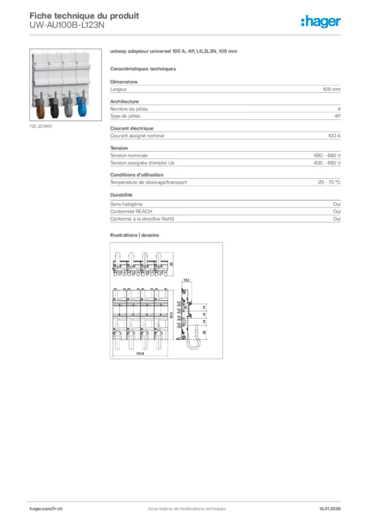 Image Hager Fiche technique du produit UW-AU100B-L123N | Hager Suisse