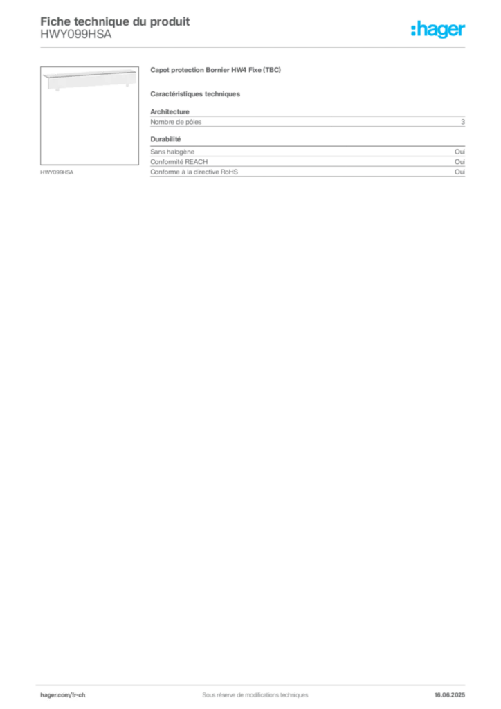 Image Hager Fiche technique du produit HWY099HSA | Hager Suisse