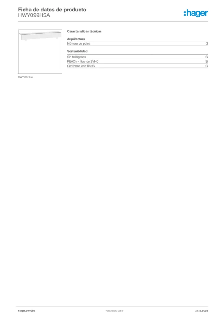 Imagen Hager Ficha de datos de producto HWY099HSA | Hager España