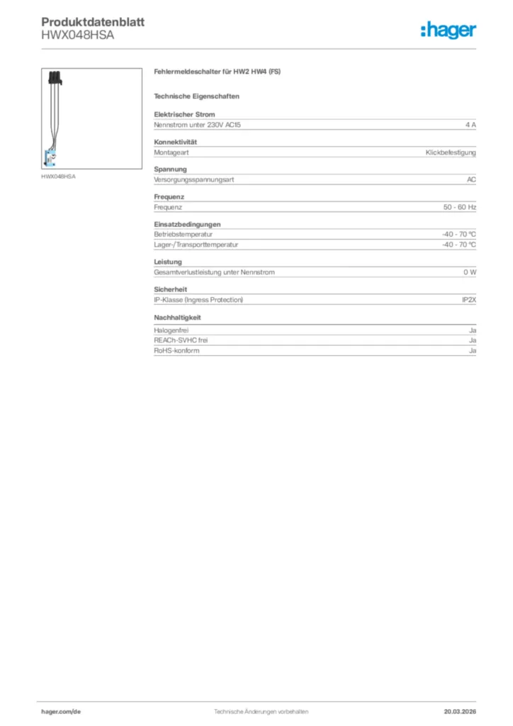 Bild Hager Produktdatenblatt HWX048HSA | Hager Deutschland