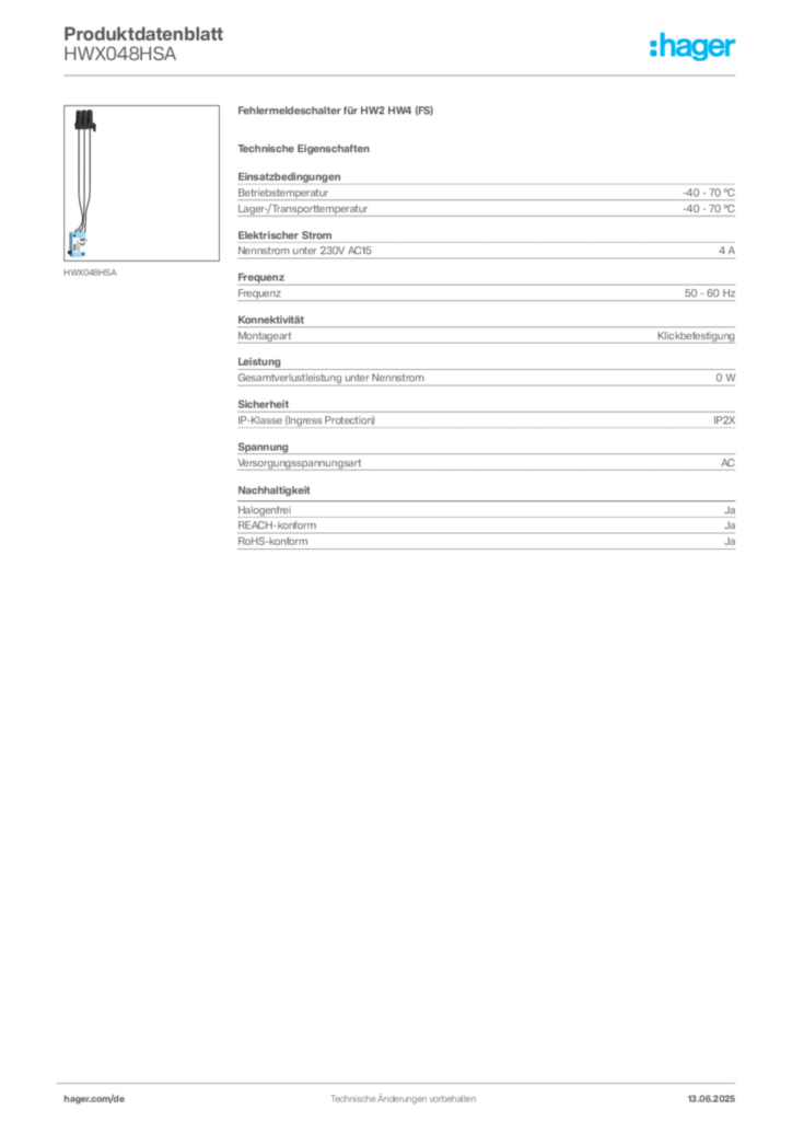 Bild Hager Produktdatenblatt HWX048HSA | Hager Deutschland