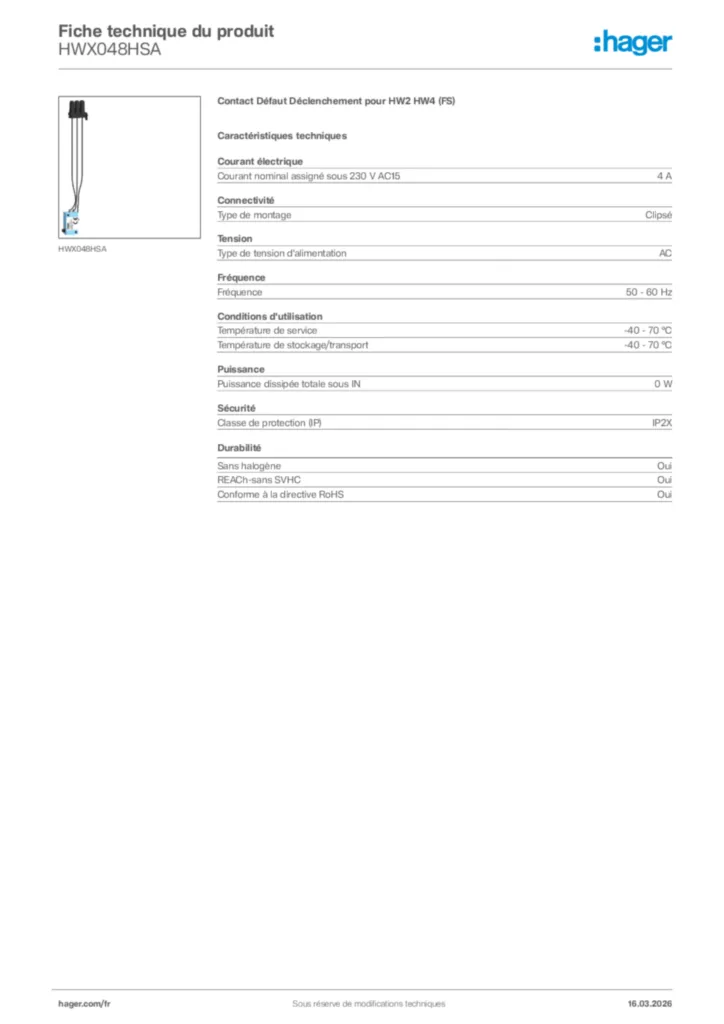 Image Hager Fiche technique du produit HWX048HSA | Hager France