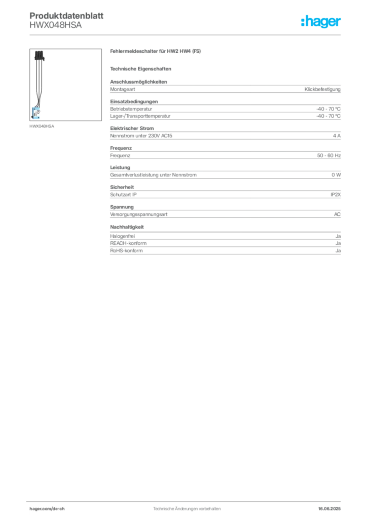 Bild Hager Produktdatenblatt HWX048HSA | Hager Schweiz