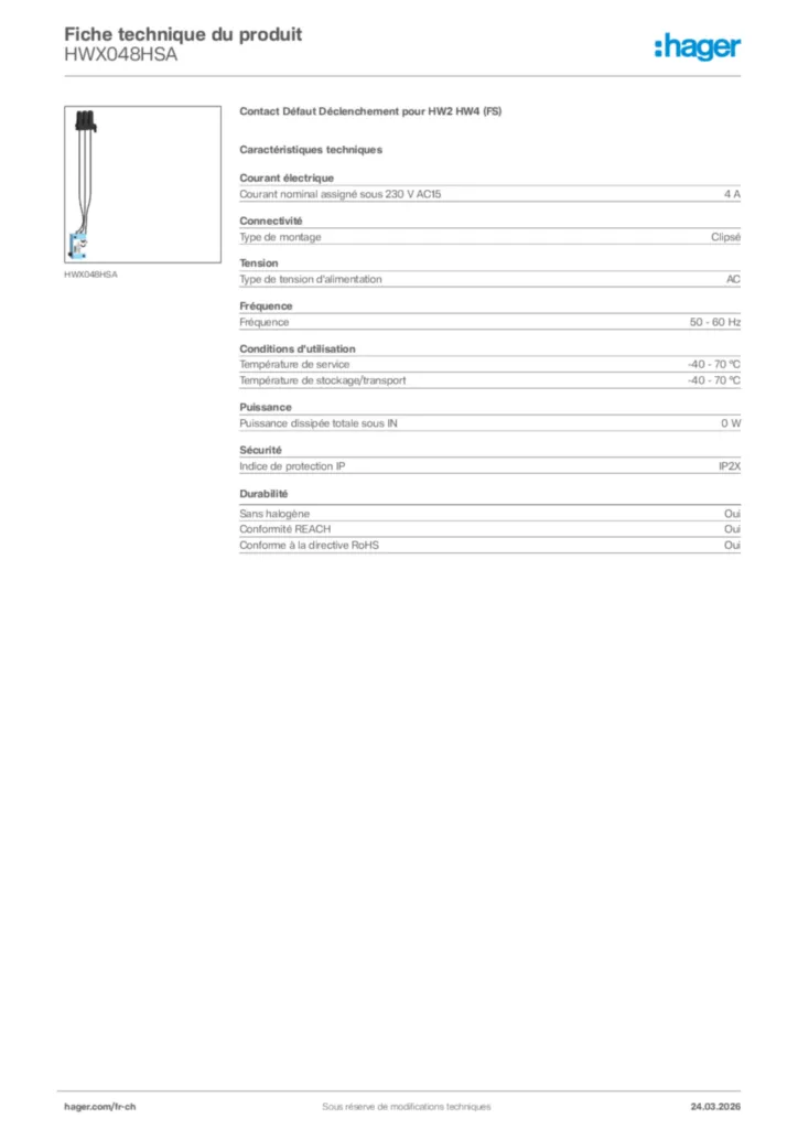 Image Hager Fiche technique du produit HWX048HSA | Hager Suisse