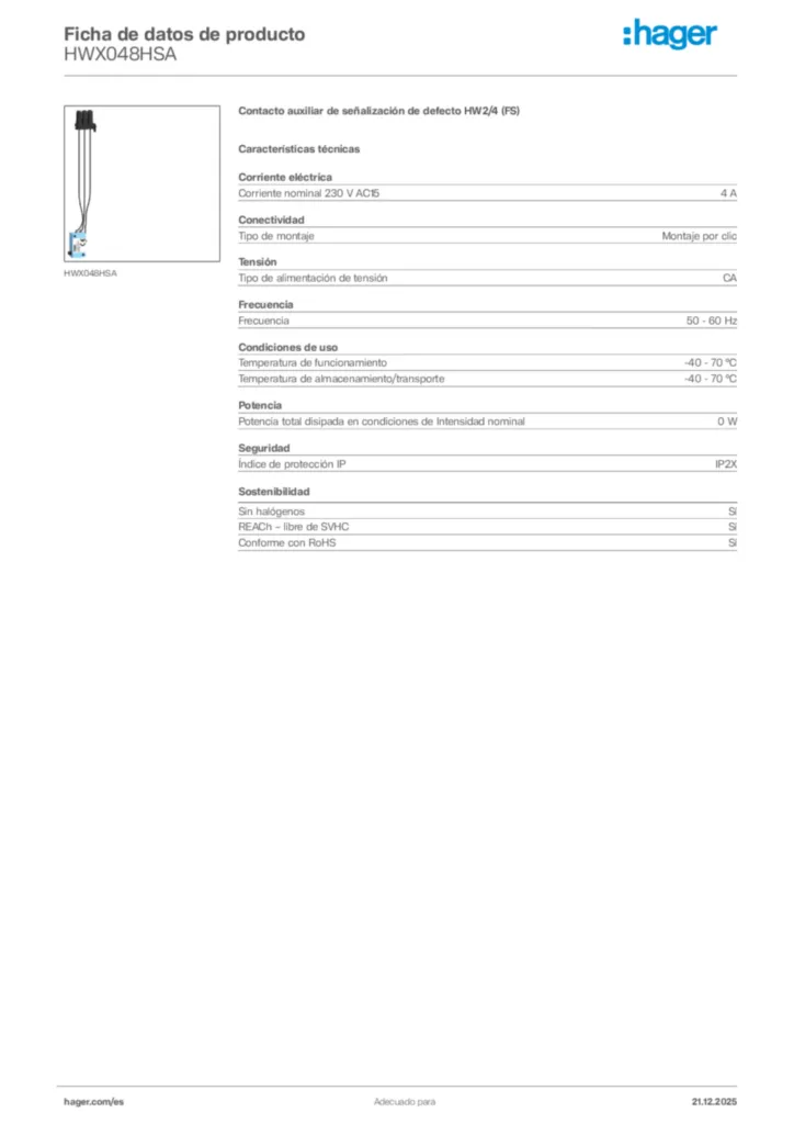 Imagen Hager Ficha de datos de producto HWX048HSA | Hager España
