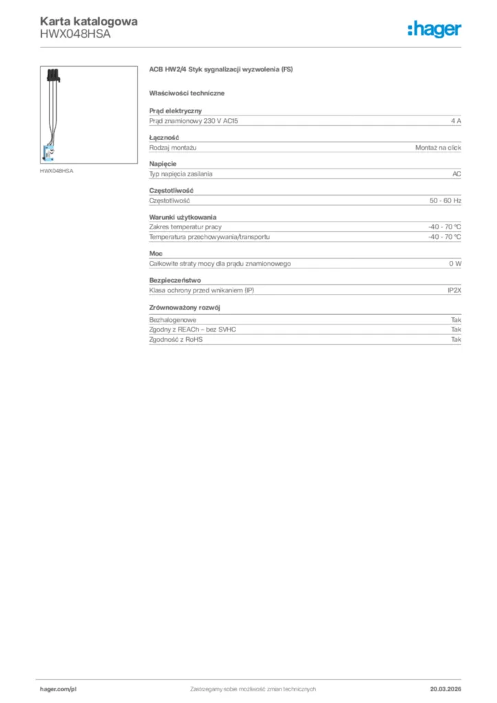 Zdjęcie Hager Karta katalogowa HWX048HSA | Hager Polska