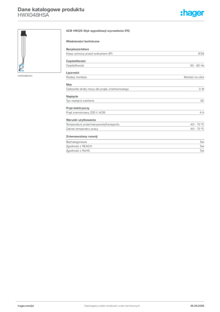 Zdjęcie Hager Dane katalogowe produktu HWX048HSA | Hager Polska