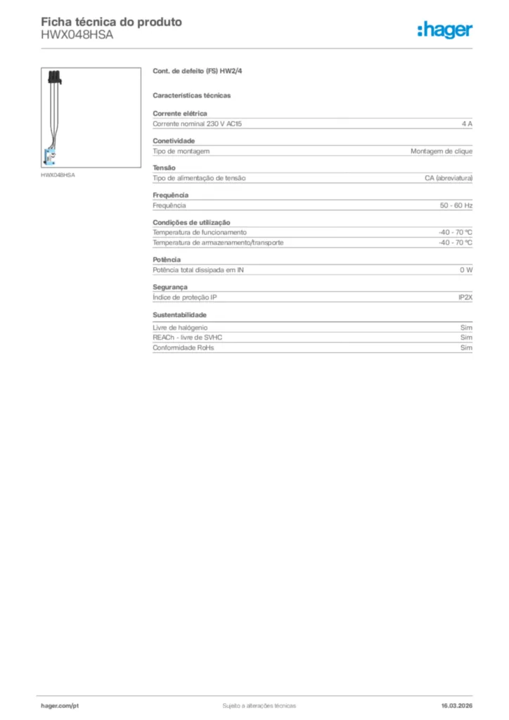 Imagem Hager Ficha técnica do produto HWX048HSA | Hager Portugal