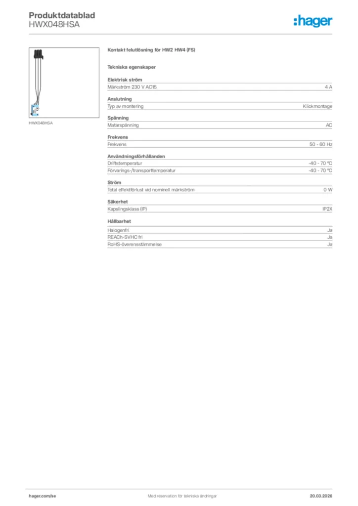 Bild Hager Produktdatablad HWX048HSA | Hager Sverige