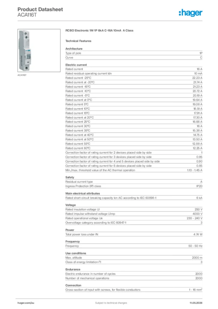 Image Hager Product data sheet ACA116T  | Hager Australia