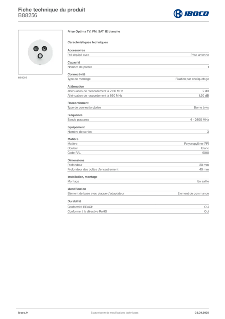 Image Iboco Fiche technique du produit B88256 | Hager France
