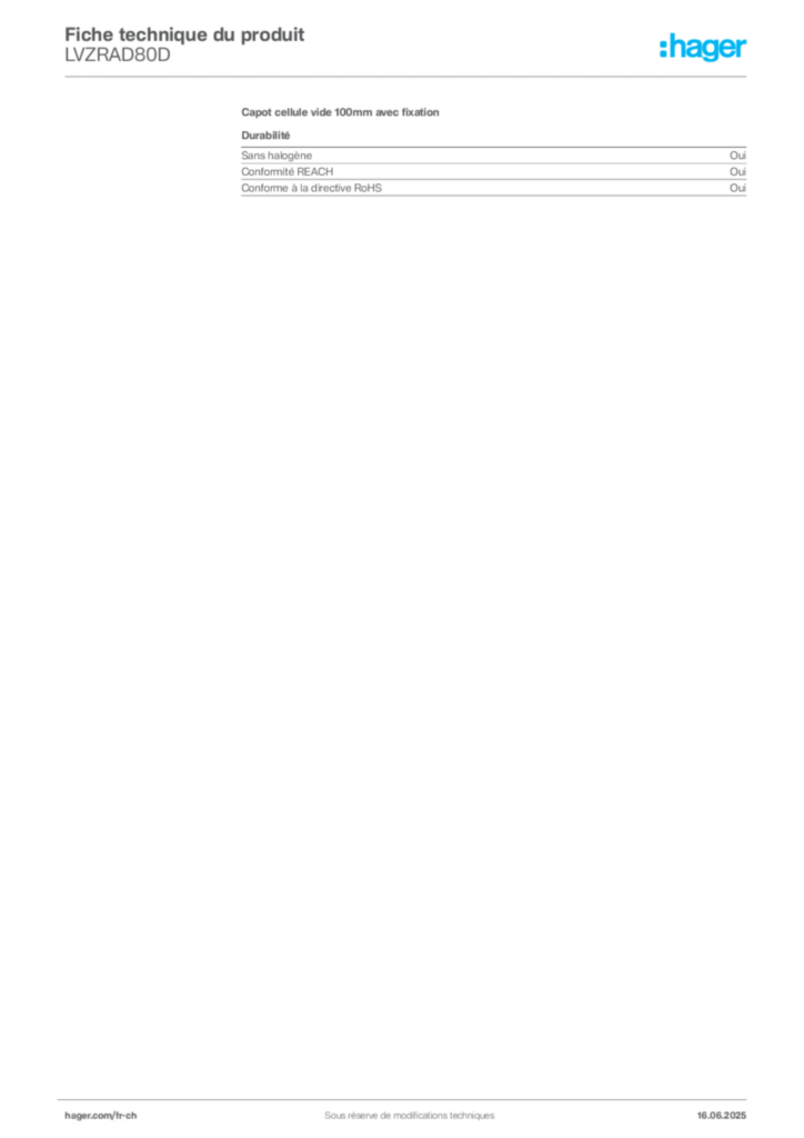 Image Hager Fiche technique du produit LVZRAD80D | Hager Suisse
