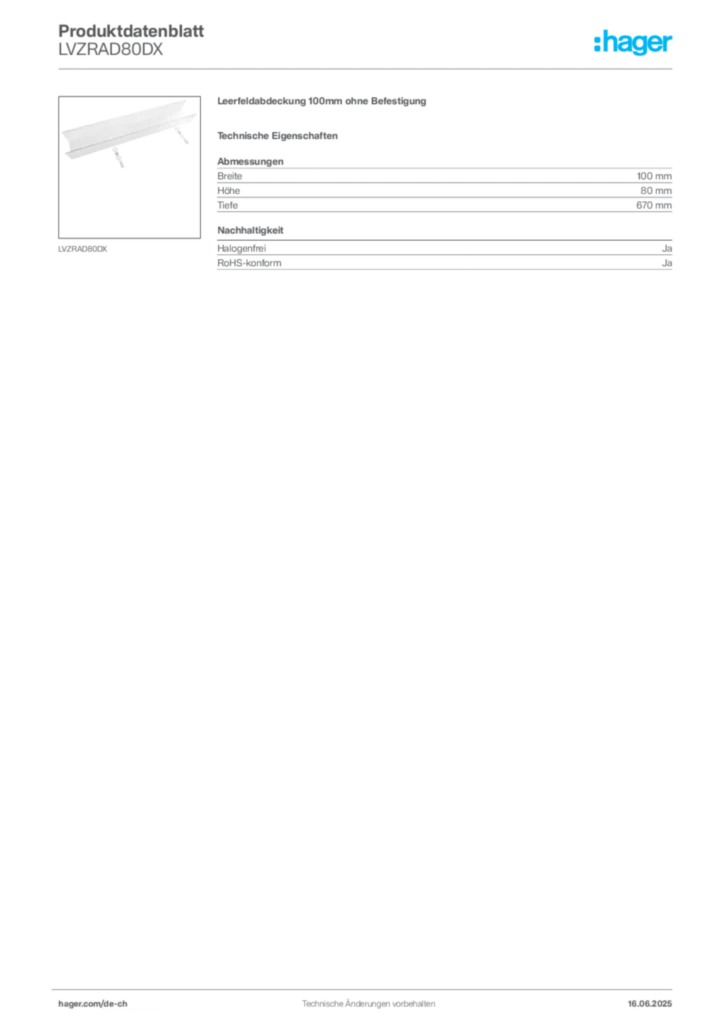 Bild Hager Produktdatenblatt LVZRAD80DX | Hager Schweiz