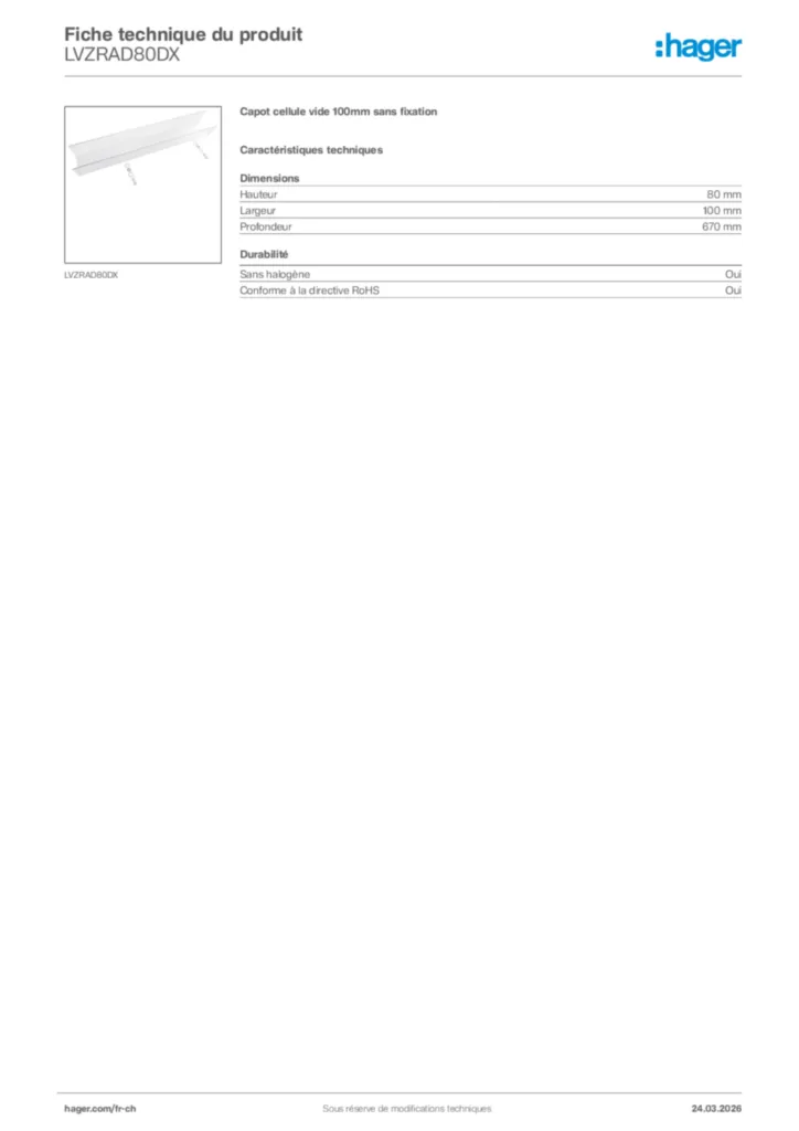 Image Hager Fiche technique du produit LVZRAD80DX | Hager Suisse