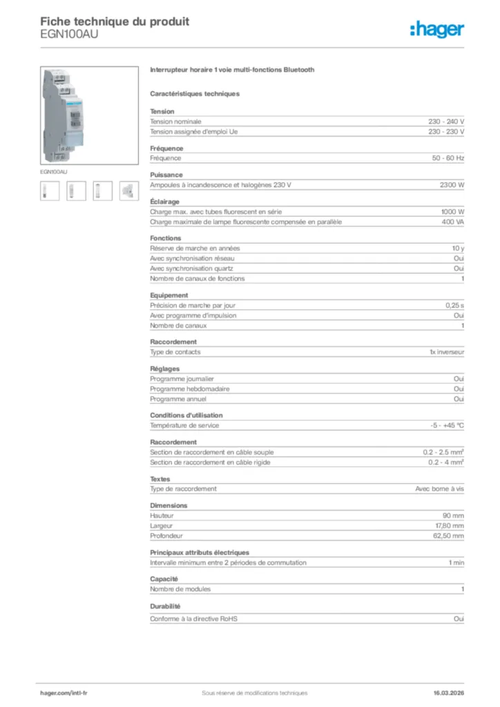 Image Hager Fiche technique du produit EGN100AU | Hager Afrique