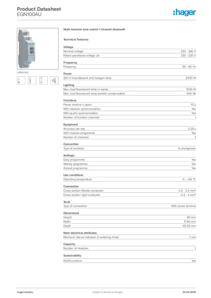 Image Hager Product data sheet EGN100AU  | Hager Australia