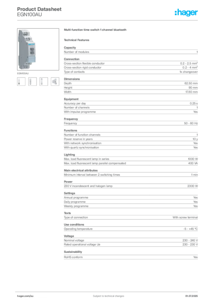 Image Hager Product data sheet EGN100AU  | Hager Australia