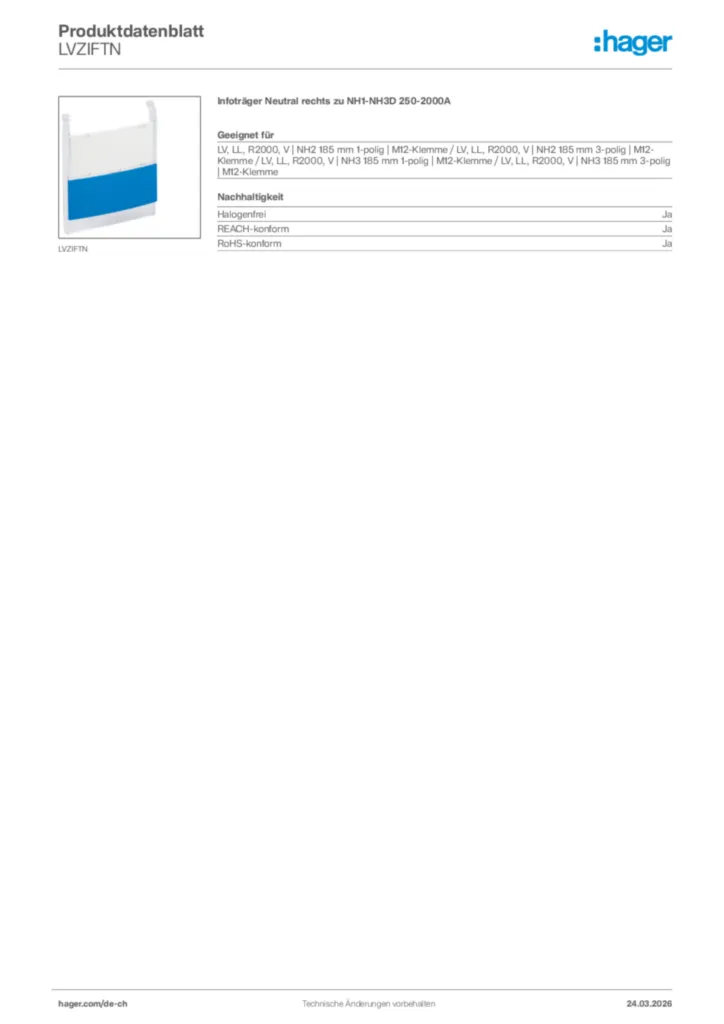 Bild Hager Produktdatenblatt LVZIFTN | Hager Schweiz