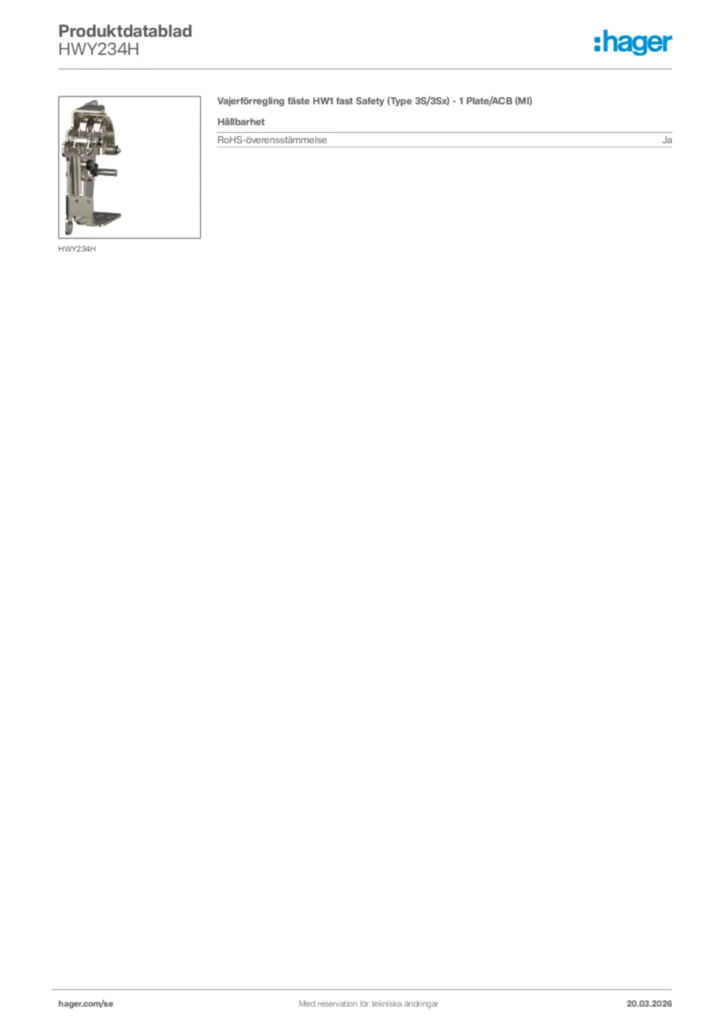 Bild Hager Produktdatablad HWY234H | Hager Sverige