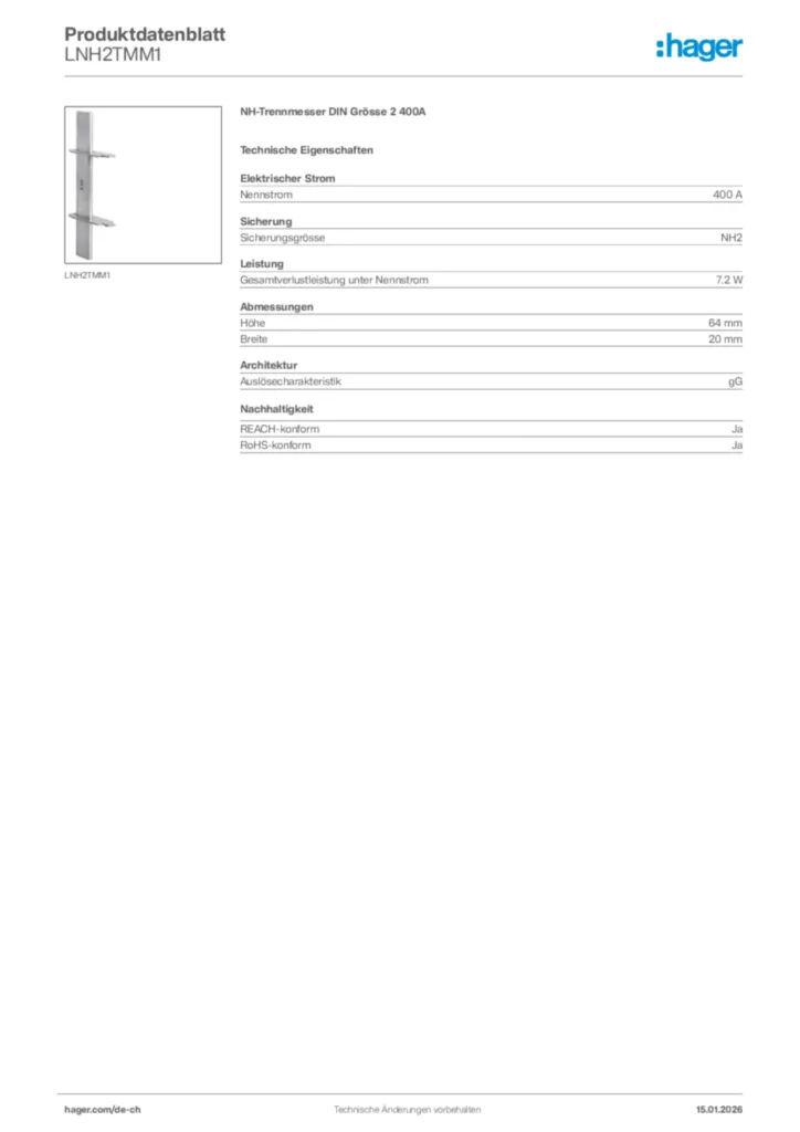 Bild Hager Produktdatenblatt LNH2TMM1 | Hager Schweiz