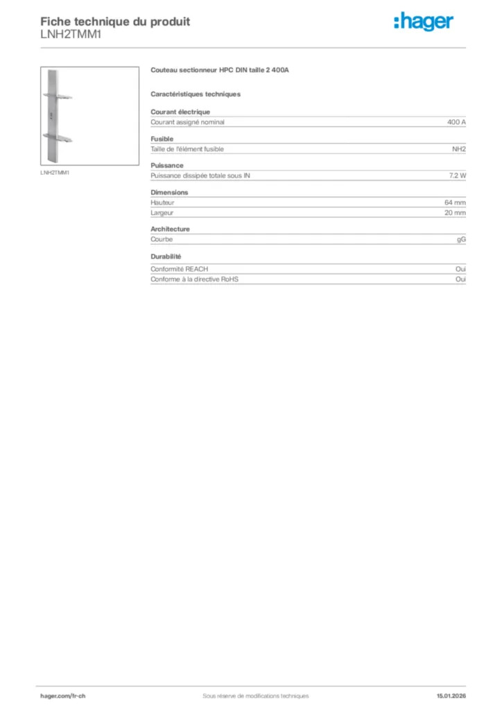Image Hager Fiche technique du produit LNH2TMM1 | Hager Suisse