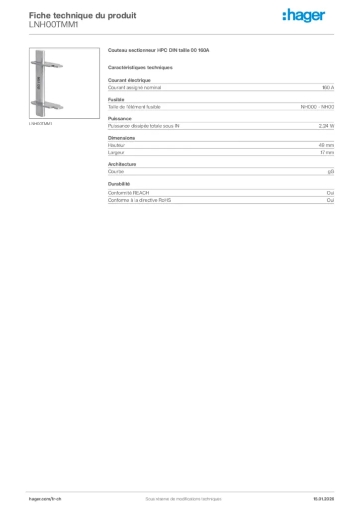 Image Hager Fiche technique du produit LNH00TMM1 | Hager Suisse