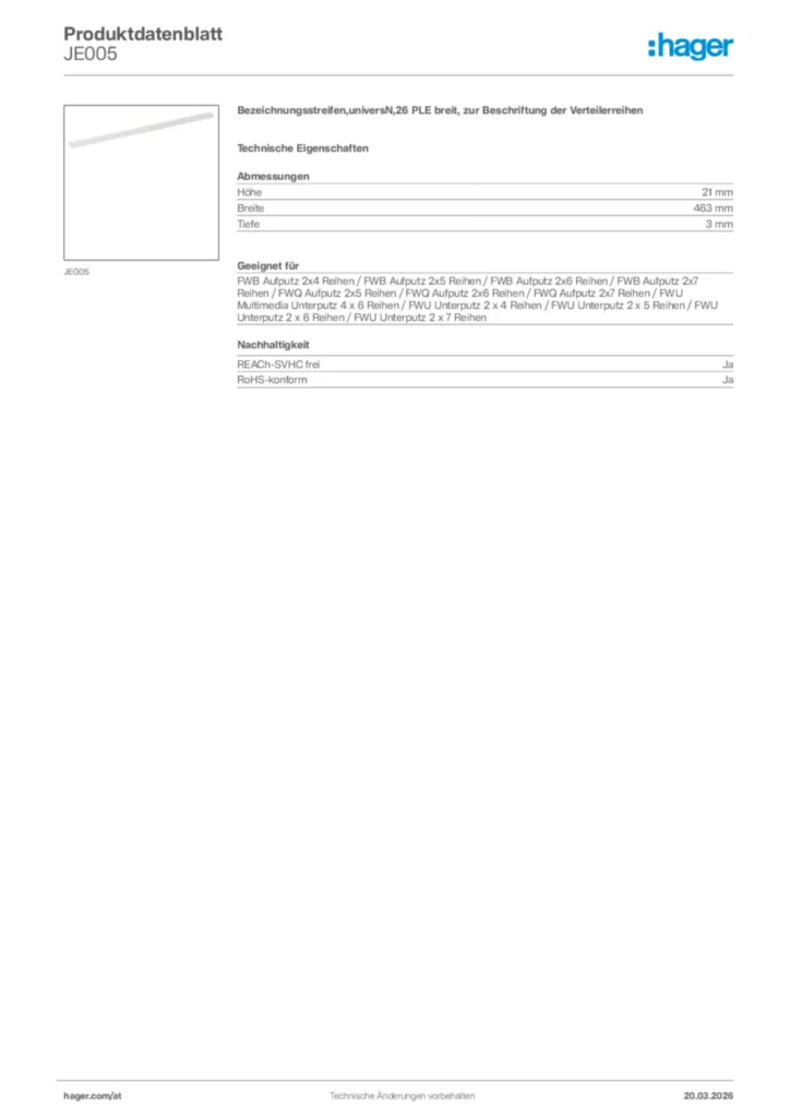 Bild Hager Produktdatenblatt JE005 | Hager Deutschland