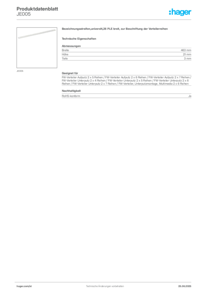 Bild Hager Produktdatenblatt JE005 | Hager Deutschland