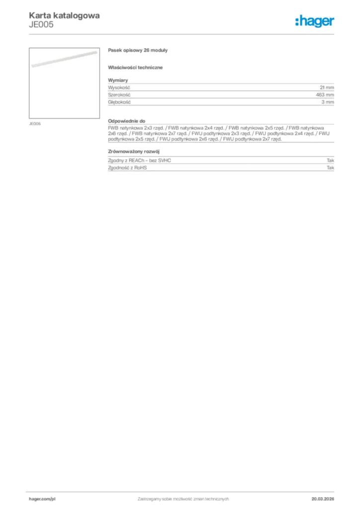 Zdjęcie Hager Karta katalogowa JE005 | Hager Polska