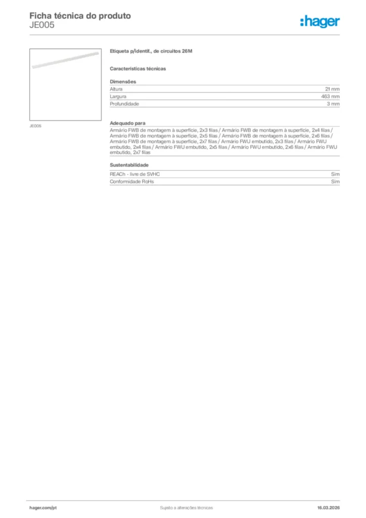 Imagem Hager Ficha técnica do produto JE005 | Hager Portugal