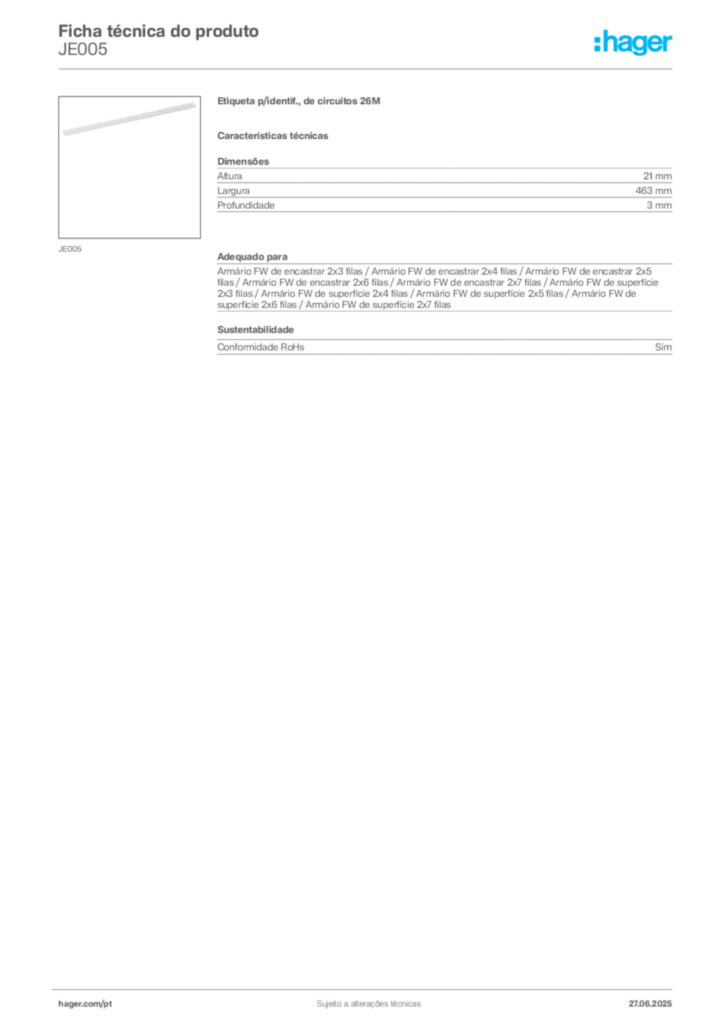 Imagem Hager Ficha técnica do produto JE005 | Hager Portugal