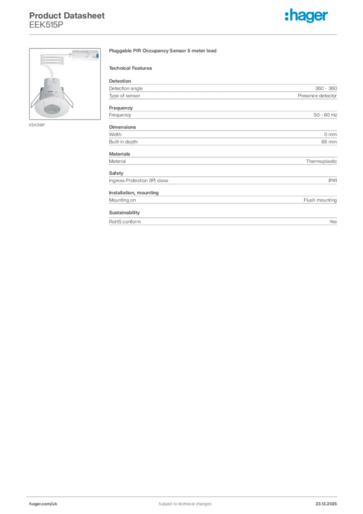 Image Hager Product data sheet EEK515P  | Hager