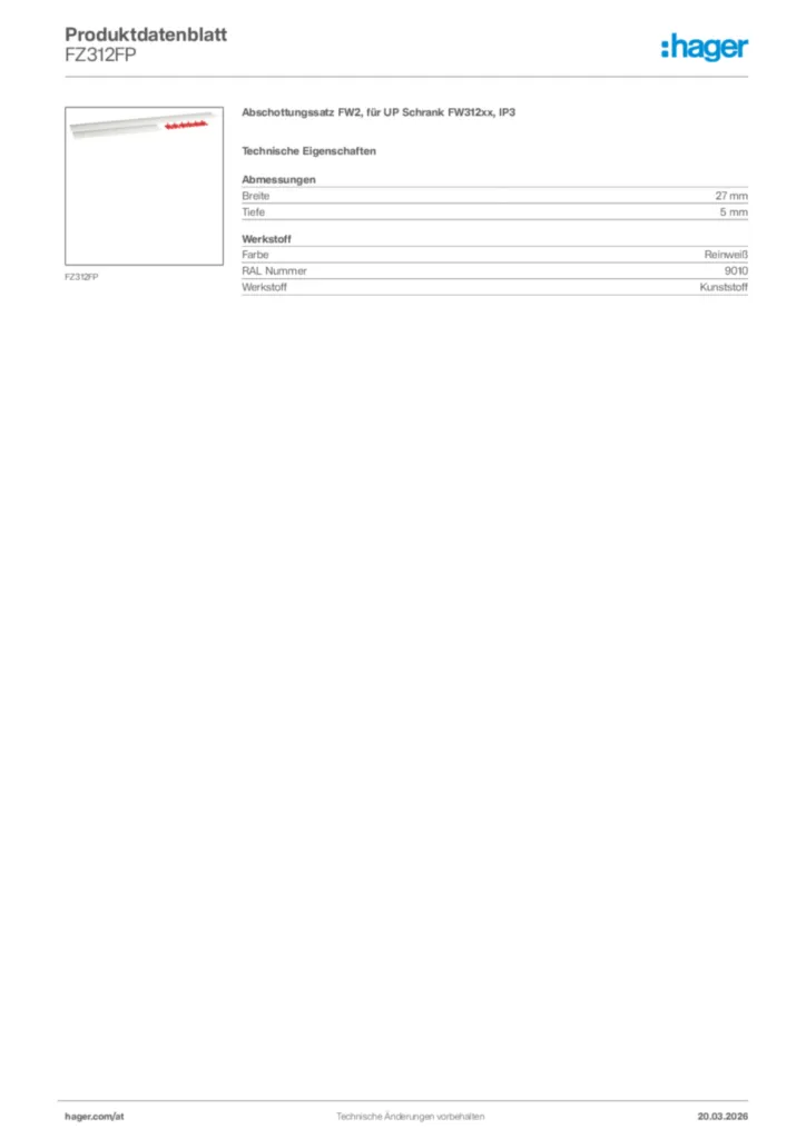 Bild Hager Produktdatenblatt FZ312FP | Hager Deutschland