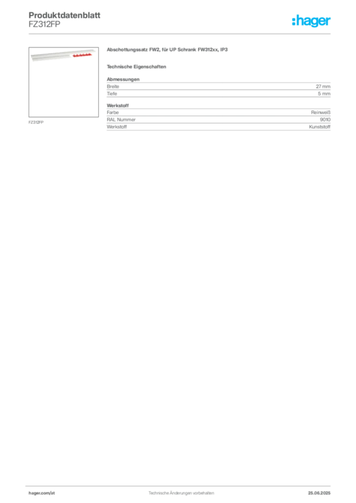 Bild Hager Produktdatenblatt FZ312FP | Hager Deutschland