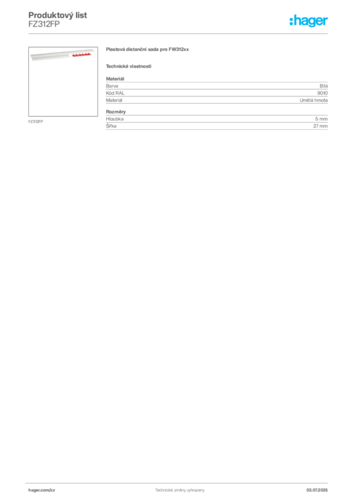 Obrázek Hager Product data sheet FZ312FP | Hager