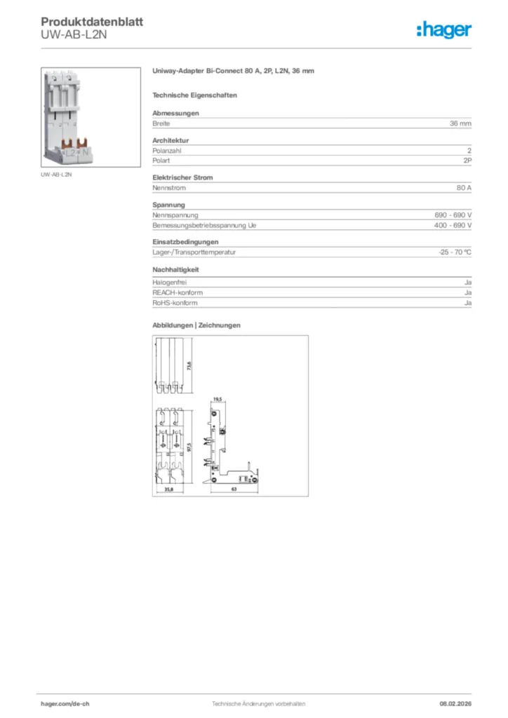 Bild Hager Produktdatenblatt UW-AB-L2N | Hager Schweiz