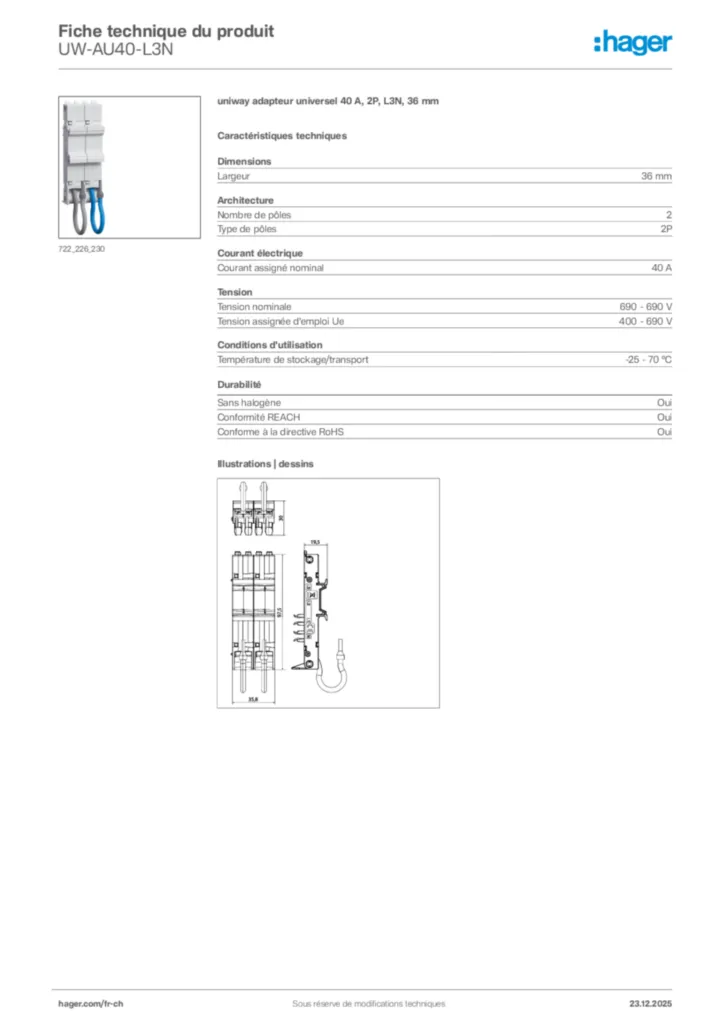 Image Hager Fiche technique du produit UW-AU40-L3N | Hager Suisse