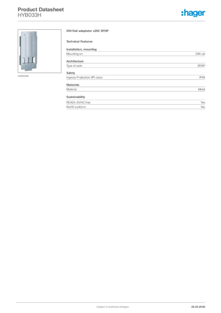 Image Hager Product data sheet HYB033H  | Hager Africa