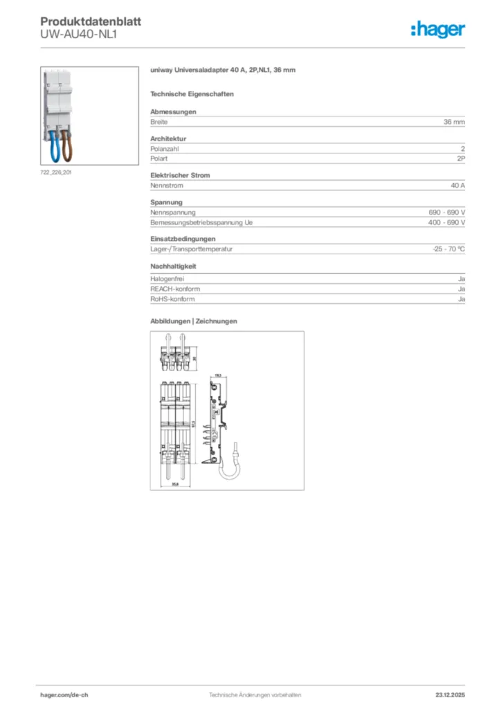 Bild Hager Produktdatenblatt UW-AU40-NL1 | Hager Schweiz